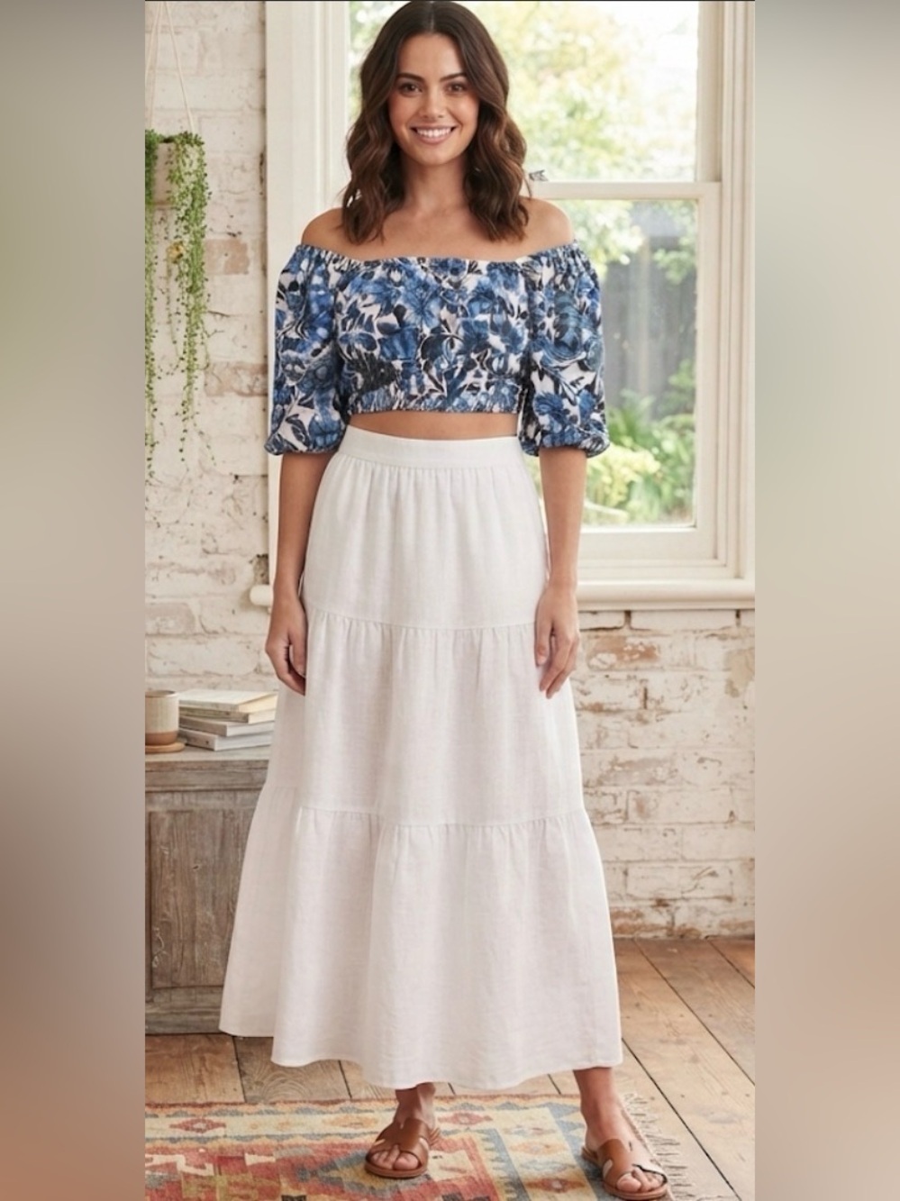 White Closet Floral Off-Shoulder Top(Pit to pit 18” Length 17”)